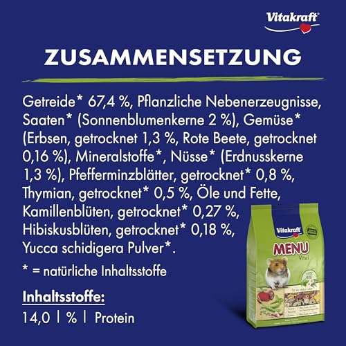 Vitakraft Menu Vital, Hamsterfutter, mit Gemüse, mit Nüssen, mit lebenswichtigen Vitaminen und Mineralien, ohne Zusatz von Zucker und Getreide (6X 400g)