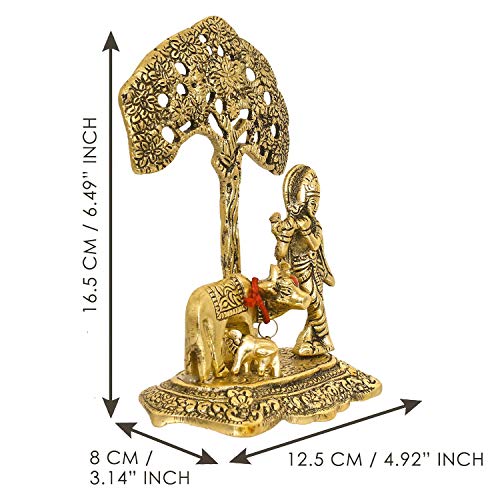 Image of Lavanaya Silver -Metal Krishna Playing Flute Idols Statue Murti with Kamdhenu Cow Standing Under Tree - Gold Plated Krishna Idol Showpiece for Home Office Temple Decorkrishna with Cow