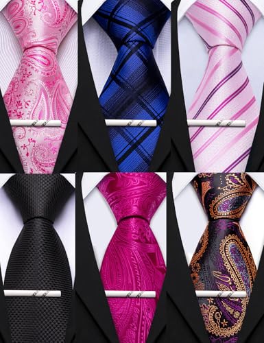Image of Barry.Wang Mens 6 PCS Ties Silk Striped Paisley Check Floral Necktie Silky Woven Wedding Business Party Ties 3.34 inch