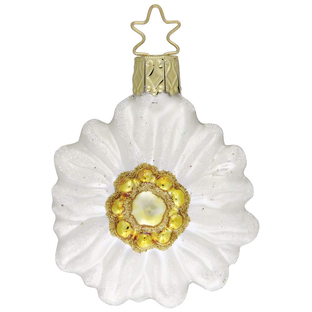 INGE-GLAS® Christbaumschmuck Anhänger Glas Blume Edelweiß 6cm Weiß Gelb