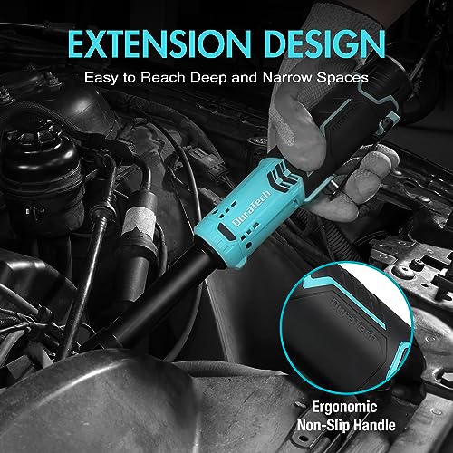 DURATECH Elektrische ratelsleutelset, verlengde batterij ratelschroevendraaier 12 V, 3/8 inch, 60 Nm, draadloze ratel met 2 x 2,0 Ah accu, LED-licht, inclusief 10 doppen, opbergtas, oplader - Afbeelding 4