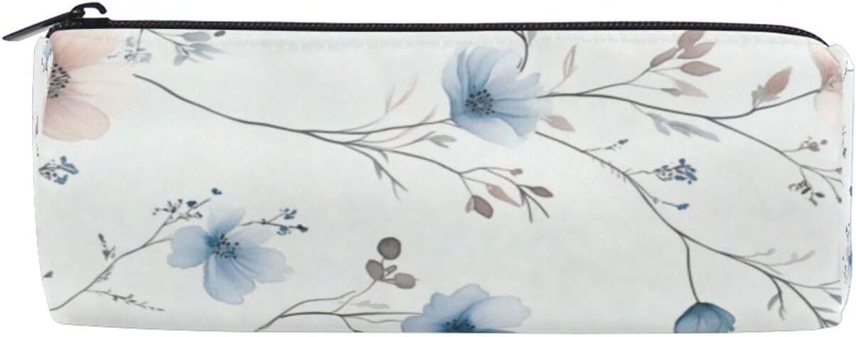 OTVEE Pale Blue and Carmine Wildflowers Multi-Purpose Round Storage Bag – Stylish 3D Barrel Shape, Fits Pens, Markers, Cables & Small Accessories
