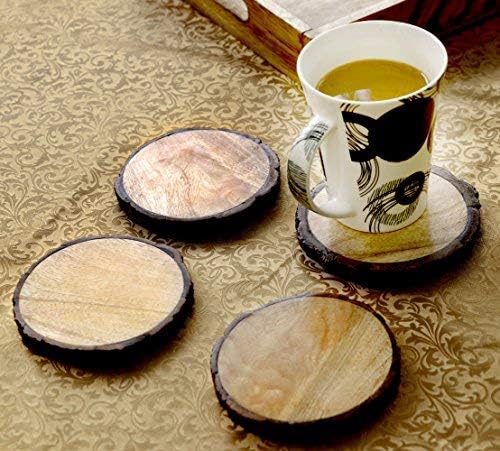 Miniatura 4 de GoCraft Juego de 4 posavasos de madera natural con corteza de árbol, posavasos de madera de mango para bebidas, bebidas, copas de vino, vasos de
