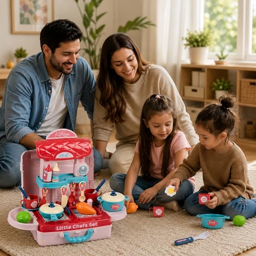 Image of WISHKEY Plastic 3 in 1 Kitchen Cooking Pretend Play Tool Set Toy for Little Chef's with Life Like Accessories & Cute Multi-Purpose Portable Suitcase for Kids ( Multicolor)