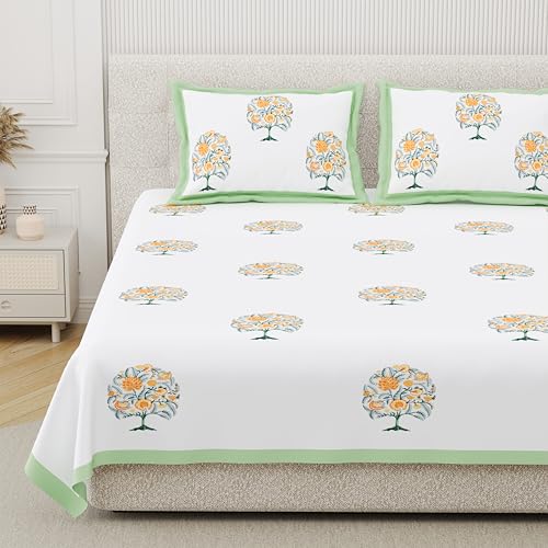 Image of DE CAMA 100% Cotton 300 TC Premium King Size Bedsheet for Double Bed (90x108 Inch) with 2 Pillow Covers (17x27 Inch) | Breathable Designer Printed Bedding Set | Luxury Set for Bedroom Use - Green