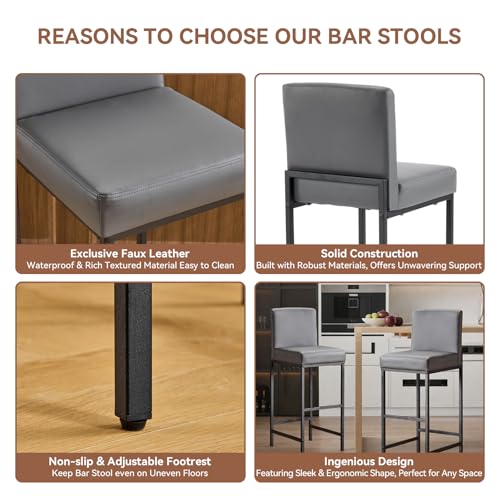 Butacos de Barra Set de 2, Altura 30'', con Soporte para Espalda, Asiento Tapizado en Cuero Sintético, Patas de Metal, Estilo Moderno, para Isla de Cocina o Bar en Casa, Gris miniatura 6