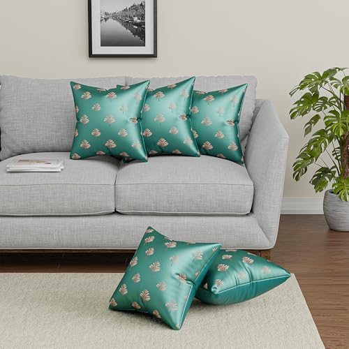 Image of Kuber Industries Polyester Cushion Cover 16 Inch x 16 Inch Set of 5 with Zip Closure | Decorative Throw Pillow Square Cushion Cover for Sofa Set, Bedroom and Living Room | Golden Tree - Green