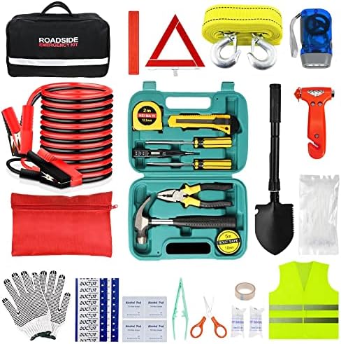 Car Emergency Roadside Tool kit,Road Side Safety Assistance Kit for Women Men Adult,Auto Truck Vehicle Emergency Bag with Shovel Jumper Cable First Aid Kit Blanket Front Rear Cover Alignment Tool