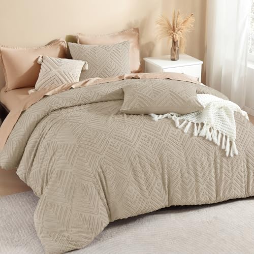 Image of Litanika Wheat King Size Comforter Set, 3 Pieces Tufted Boho Farmhouse Bedding Comforter Sets, Lightweight Fluffy Comforter Bed Set for All Season (104x90In Comforter and 2 Pillowcases)