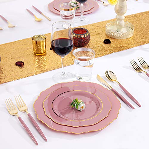 Nervure 100PCS Mauve Pink Plastic Plates With Gold Rim Mauve and Gold