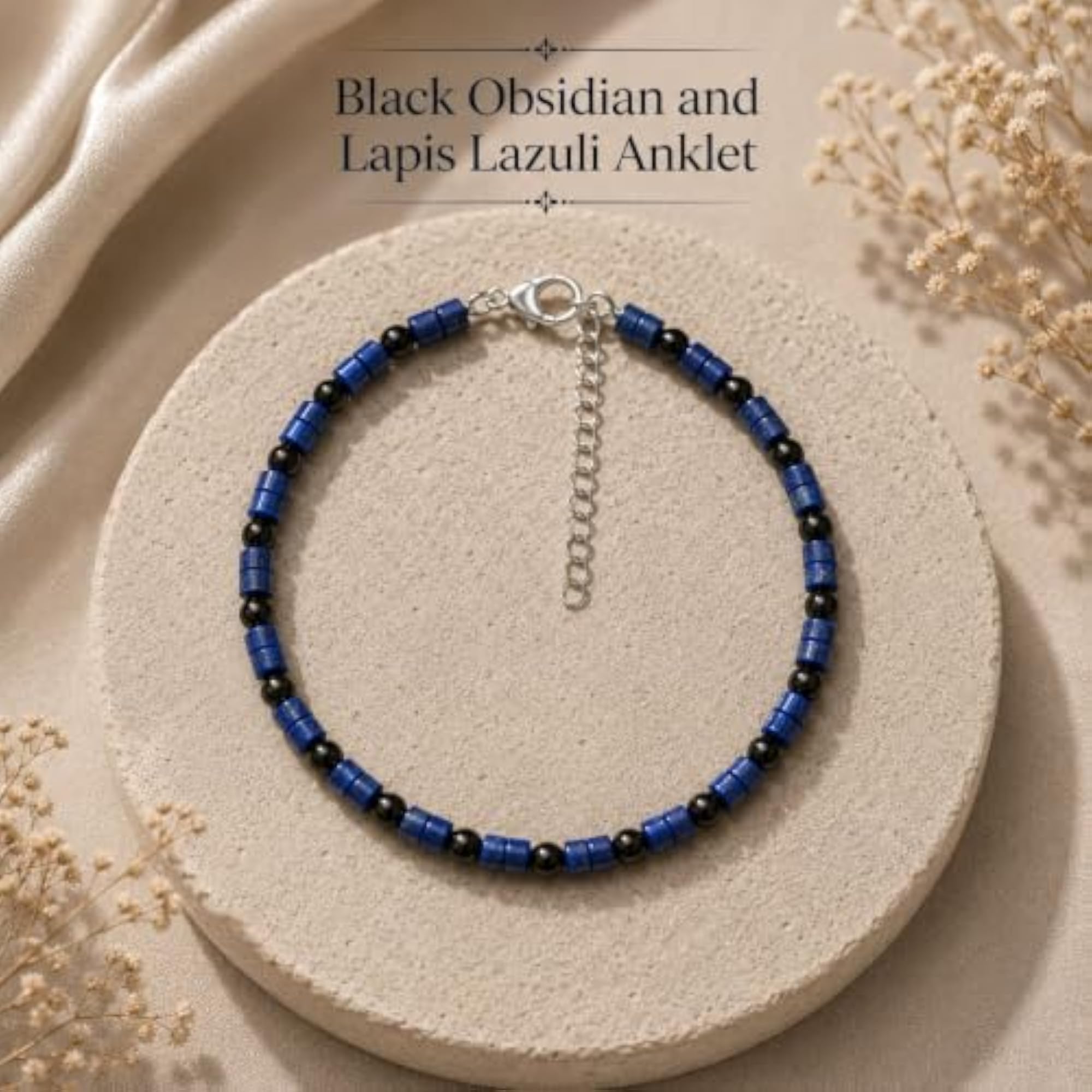 Black Obsidian & Lapis Lazuli Beaded Anklet with Adjustable Chain
