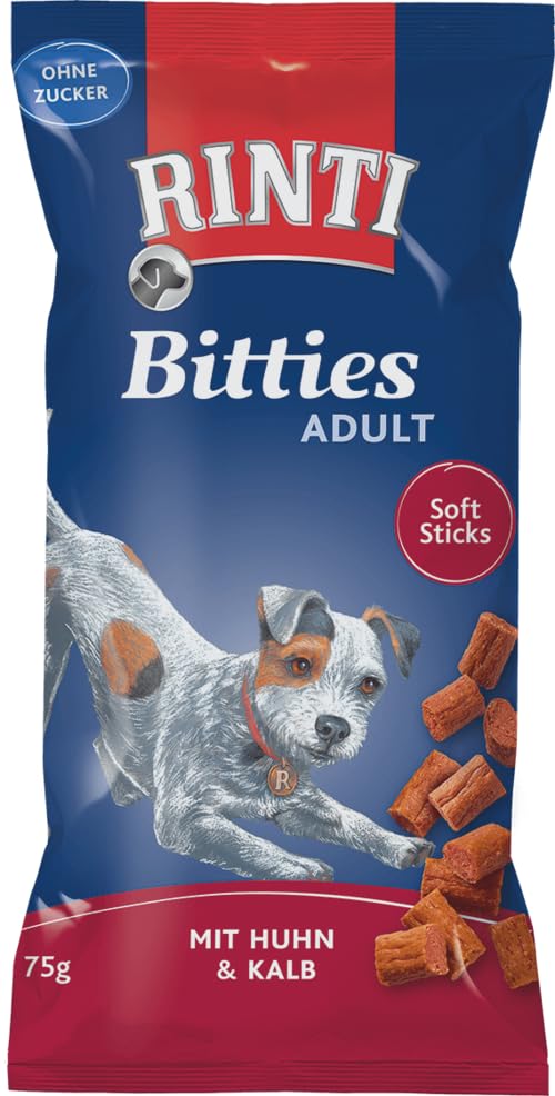 Rinti Bitties Adult Huhn & Kalb | 8er Pack | 8 x 75 g | Ergänzungsfuttermittel für ausgewachsene Hunde | Weiche Stückchen mit viel frischem Fleisch zubereitet | mit Omega 3 und ohne Zucker
