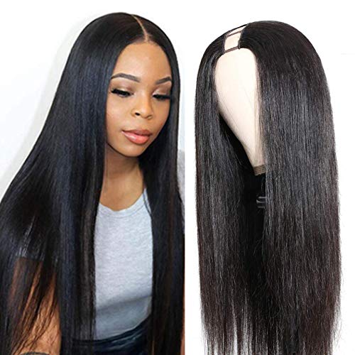 Recomtic Straight U Part Wig Human Hair Wigs for Black Women None Lace Front Wig Human Hair Glueless Upart Wig with Clips Natural Color 18 Inch