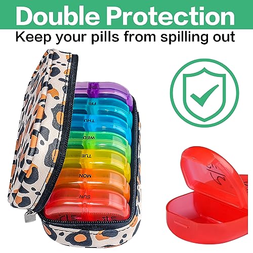 Image of Serfeymi Weekly Travel Pill Organizer 2 Times A Day AM PM Upgraded Rainbow Pill Box 7 Day with Portable Zipper PU Leather Pill Case, Medicine Organizer for Pills, Vitamins, Fish Oils - Brown 02