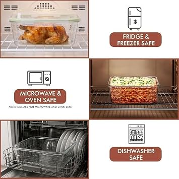 6500 ML / 220 oz / 28 Cup LARGE Glass Food Storage Container with Airtight Locking Lid. Ideal Storing food, Vegetables, Fruits. Baking Casserole, Lasagna, Roasting Turkey, Chicken BPA Free Oven Safe