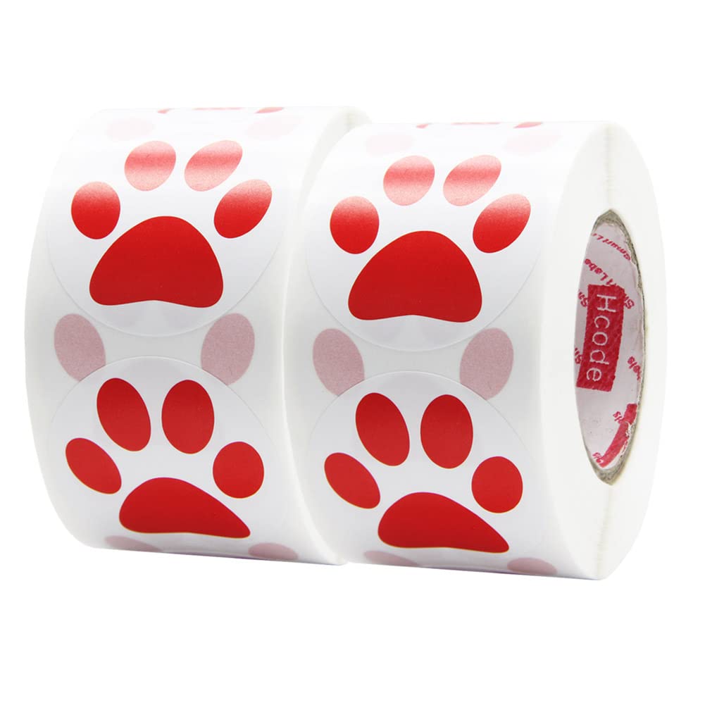 Hcode 500 Pcs 1.5" Black Bear Paw Print Round Stickers (Red, 2 Rolls)