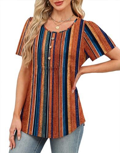 Image of Womens Tops Dressy Casual Blouses Short Sleeve Shirts Plus Size Fashion Clothing Spring Summer Outfits Button Pleated Front