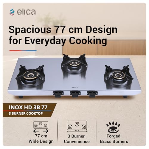 Image of Elica 3 Burner 2mm Stainless Steel Gas Stove | INOX HD 3B 77 | 77cm Wide Layout, Forged Brass Burners - 1 Jumbo 1 Medium 2 Small Burners, Crown Shape Pan Support, 2 Yr Warranty
