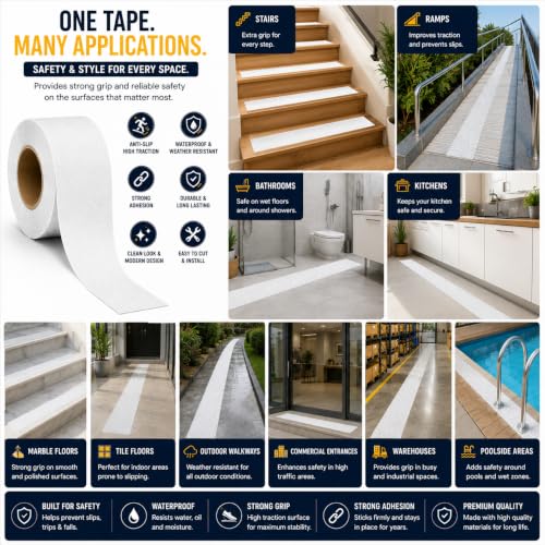 Image of YORWE Anti Slip Stair Tape with Glow in the Dark Strip - Heavy Duty Waterproof Non Slip Traction Tape for Stairs, Steps, Outdoor & Indoor Safety (White, 10 Meter)