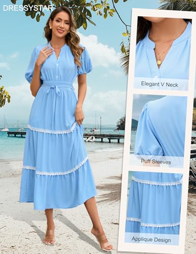 Dressystar Women's Puff Sleeve Boho Maxi Dress V Neck Tiered Summer Wedding Guest Beach Vacation Dresses 20254