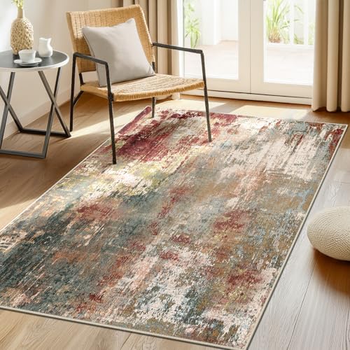 Washable Area Rugs 4'x6' Non-Slip Modern Abstract Soft for Living Room Entryway Bedroom Nursery, Print Pattern, Brown Rust Red Multi