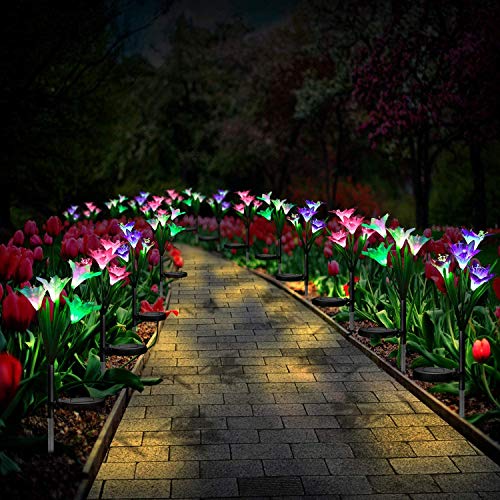 CREPRO Outdoor Solar Garden Stake Lights, 3 Pack Solar Decorative Lights with 12 Lily Flower, Multi-Color Changing LED Outdoor Solar Lights Flowers for Garden, Patio Lawn Path, Backyard