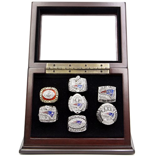 7 Slots Championship Rings Wooden Display case Shadow Box with Slanted Glass Window for Football Rings Basketball Hockey Sports Championship Rings - Rings are Not Included