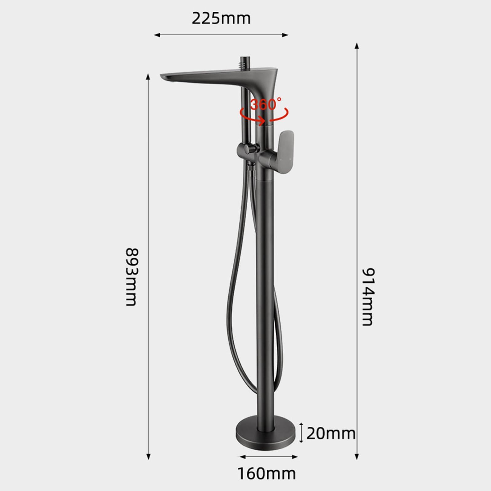 Grifo Mezclador de Bañera Y Ducha Grifo de Bañera Independiente Negro con Grifo de Suelo de Latón Negro para Agua Caliente Y Fría Giratorio 360°