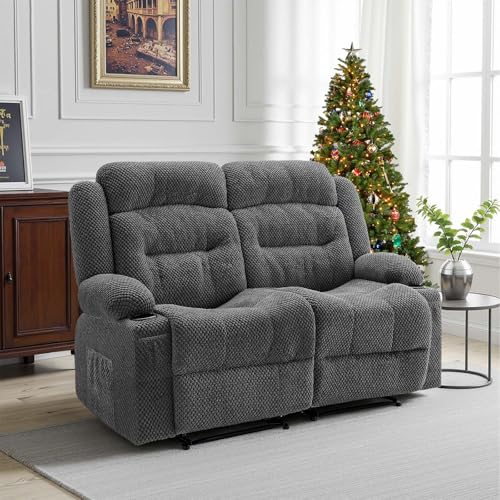 Image of VEVOR Loveseat Recliner Sofa, Manual Reclining Couch with Heating and Massage, Soft Corduroy Recliner Sofa with USB Ports, Cup Holders and Side Storage Bags, Dual Loveseat Chair for Living Room, Grey
