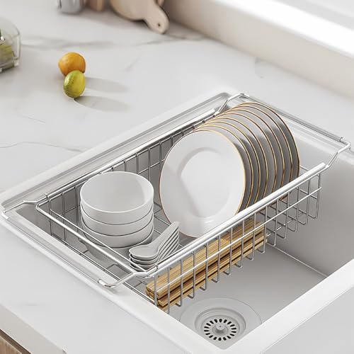 Drainer Rack, Telescopic, Adjustable Length, Stainless Steel, Over Sink, 2-Way, Dishwasher Safe, Space-Saving, Dish Stand, Compact, Drying Rack, Automatic Drainage, Anti-Slip, Rustless, High Load Capacity, Dish Storage, Kitchen Storage, Vegetables, Rice Bowls, Chopsticks, Kitchen Drainer (Width 7.9 inches (20 cm), B) 幅20cm b