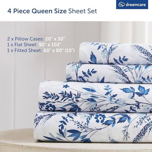 Image of DREAMCARE Queen Sheet Set - 4 pcs Breathable Cooling Sheets - up to 15 inch Deep Pocket Queen Sheets Set with Side Pockets - Extra Soft 100% Brushed Hypoallergenic Hotel Luxury Bedding - Floral Blue