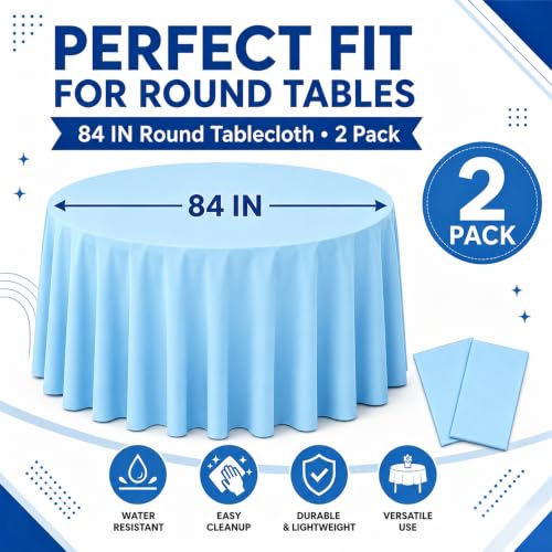 Image of WNINK 2 Pack Light Blue Round Tablecloth, 84 Inch Disposable Plastic Table Covers, Light Blue Round Table Cover for Birthday Parties, Holiday, Picnic, BBQ, Family Gathering Party Supplies