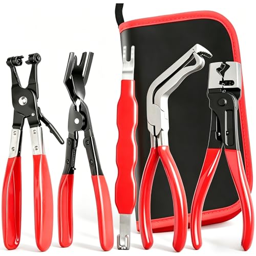 Rhevosil 5Pcs Automotive Electrical Disconnect Pliers Kit Connector Removal Tool Straight Hose Clamp Plier Single Ear Clamp Plier 60 Angled Pliers 2 in 1 Clip Pliers with Case