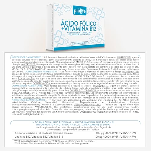 Ácido Fólico 400µg Con B12 160 Comprimidos PiùLife, Suplemento Con Vitamina B12 Y Acido Folico (Vitamina B9), 1 Comprimido Al Día, Vitaminas Para El Cansancio Y Fatiga, Energia