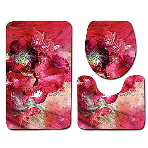 Hongwenstore Badematten-Set,Schmetterling & Blumen-Toilettenteppich-Set 3-teilig rutschfeste Badteppiche WC-Sitzmatte…