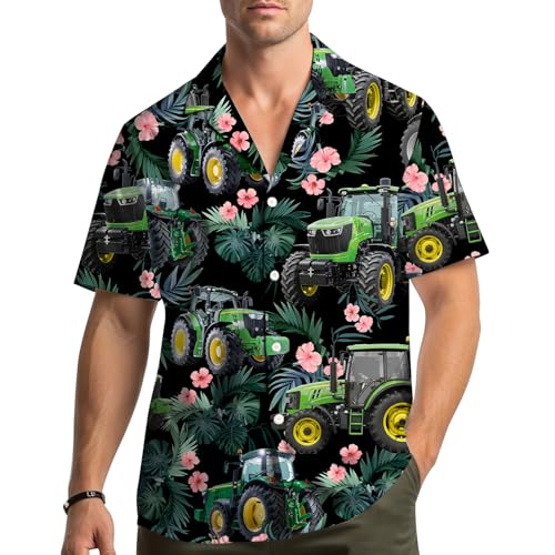 Tropical Tractor Hawaiian Shirt, Tractor Button Down Short Sleeve Shirt for Men Women, Farm Workwear Gift Idea