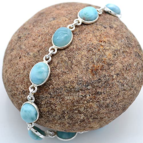 Design Hub Sterling Silver Larimar Bracelet Sky Blue Color 7.25’’ To 7.5" Oval Cabochon Shape Natural Larimar Link #TOP3