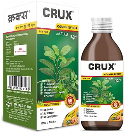 Crux Ayurvedic Cough Syrup with Tulsi – 100ml | Herbal Formula for Dry & Wet Cough Relief | Helps Soothe Sore Throat & Clear Mucus | With Adusa, Yashtimadhu & Pudina | Non-Drowsy, Non-Alcoholic, Non-Habit Forming