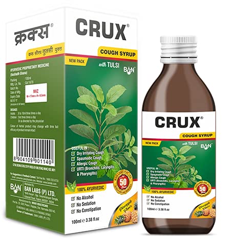 Crux Cough Syrup 100 ml | Goodness Of Tulsi, Pippali & Satpudina Herbs | Relief from Throat Issue, Chest Congestion & Cold | Non-Drowsy Ayurvedic Cough Reliever For Kids & Adults | All Types of Cough