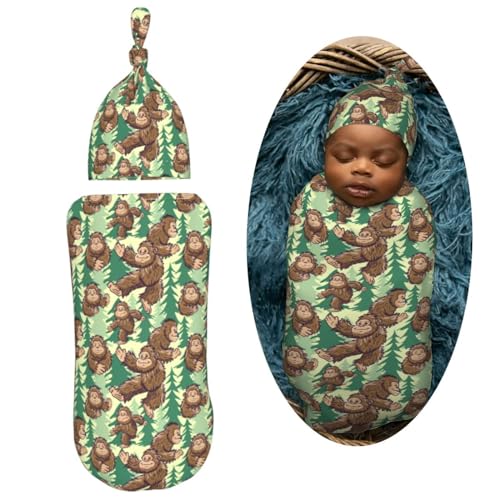 Image of Funny Gorillas and Tree Newborn Swaddle Blankets Hat Sets Soft Baby Receiving Blanket Swaddle for Baby Shower Infant Boy Girl Gift