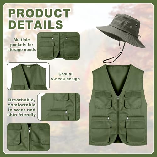 image for Yoloodayy 2 Pcs Work Fishing Vest Hat Men’s Safari Costume Hunting W