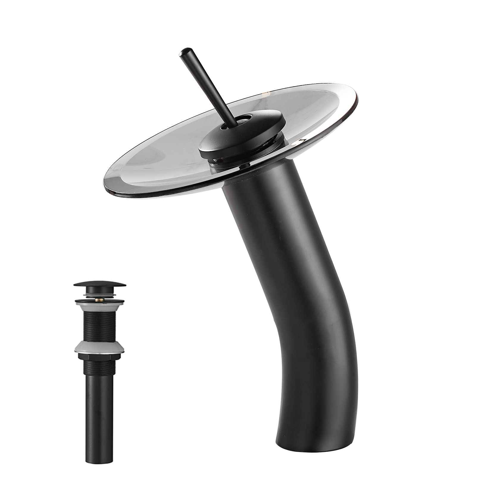 Sxithgkdw Black Waterfall Bathroom Vessel Faucet Glass Spout 360° Swivel Single Handle One Hole Solid Brass Bowl Faucet Matching Pop Up Drain Without Overflow