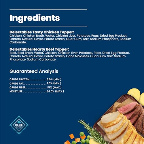 Blue Buffalo Delectables Variety Pack Natural Grain Free Wet Dog Food Topper (Tasty Chicken & Hearty Beef) Tender Cuts in Gravy with Natural Ingredients, Vitamins & Minerals, 3-oz. Each (12 Pouches)