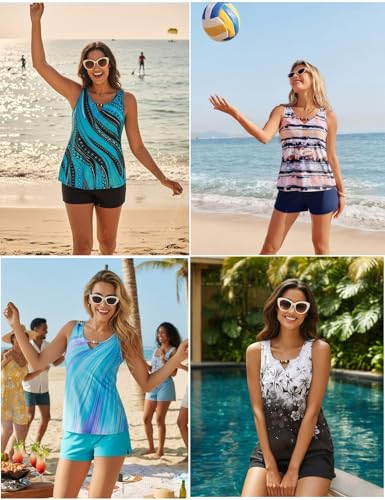 Hanna Nikole Tankini Damen Set Sport Bademode für Damen Perlenbesetztes Tankini Oberteil mit V-Ausschnitt Hohe Taille Badeshorts mit Tasche