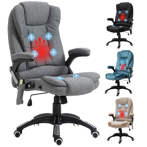 Vinsetto Silla de Oficina con Masaje Vibratorio de 6 Puntos Silla de Escritorio Giratoria con Función Basculante con Calefacción Altura Ajustable Respaldo Reclinable y Mando a Distancia Gris