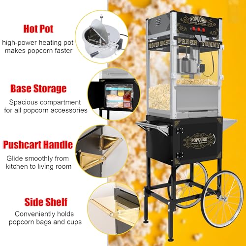 Image of 20 oz Commercial Popcorn Machine Cart - Sleek Black Popcorn Maker with Storage Stand and Wheels for Home Theaters, Parties and Concession Stands