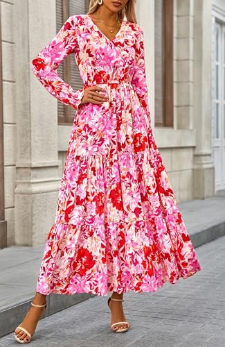 BTFBM Women Fall Dresses 2025 Casual Long Sleeve V Neck Maxi Dresses Floral Boho Long Dress Wedding Guest Dress