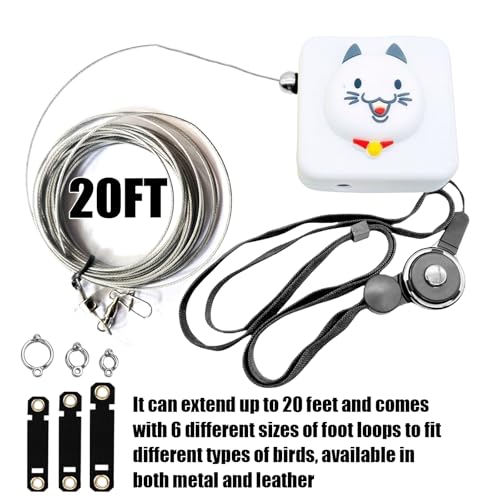 Image of Bird Leash Bird Traction Rope Parrot Flying Rope Adjustable Small Animal Walking Harness 20FT /236IN with 6 Different Sizes of Soft Foot Ring (20FT, White cat)