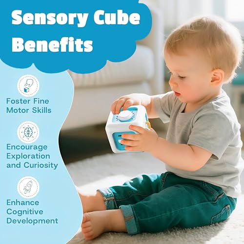 Image of Brand Conquer Montessori Busy Cube for Toddlers 1-3,Car Travel Toys Busy Board Activity Cube,Learning Stocking Stuffers Educational Birthday Gifts Sensory Baby 12-18 Months (Fan Learning 6 in 1 Blue)