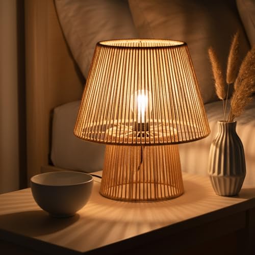 Image of PrettyKrafts Rattan Table Lamp (Bulb Not Included) | Natural Rattan Lampshade with Metal Base | Modern Minimalist Bedside & Living Room Lamp | Home Decor Lighting & Wedding Gift
